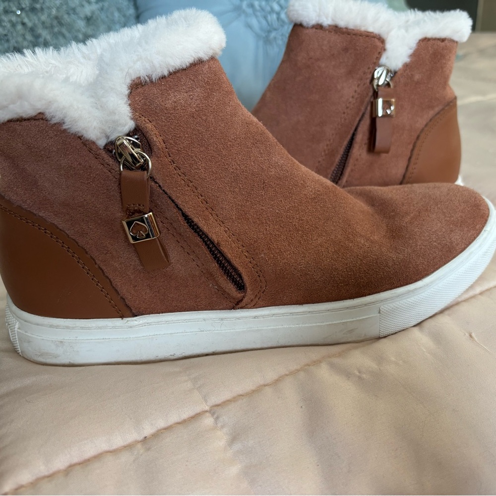 Kate Spade Brown Suede Sneakers with White Fur Trim